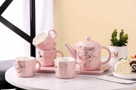 Luxury Ceramic Marble Print Porcelain Tea Set with Serving Tray - Pink_0